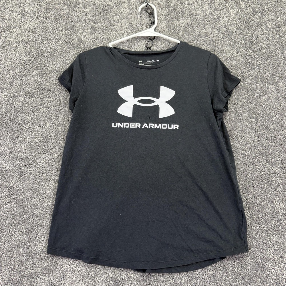 Under Armour Shirt Kids XL Black Short Sleeve Crewneck Logo Tee Training Gym